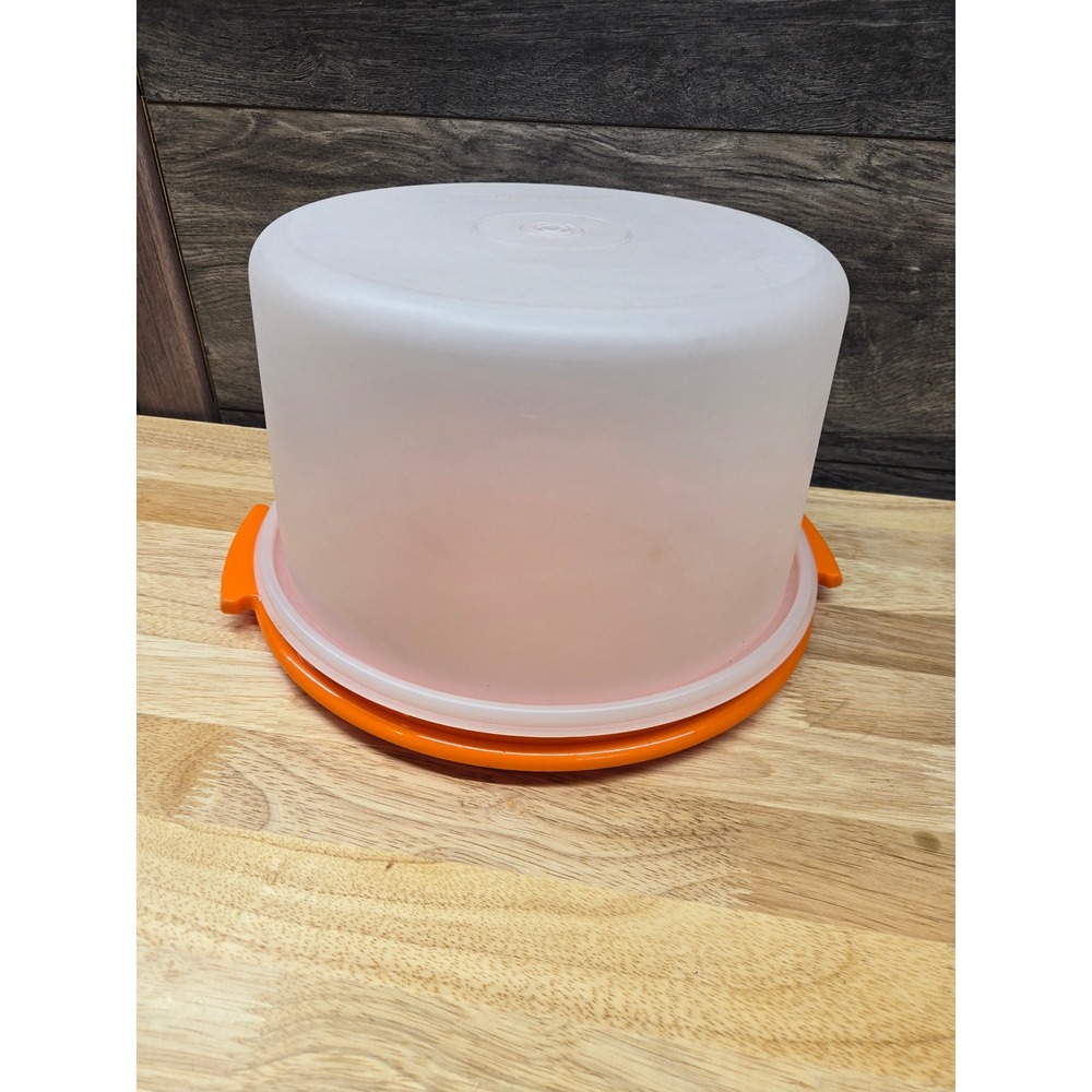 Tupperware Vintage Round Cake Taker Carrier Orange Base Sheer Lid 12 Inch